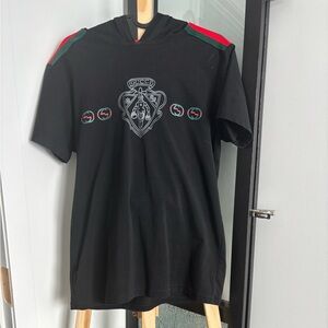 Gucci Black Short Sleeve Tee with Red-Green Shoulder Stripes